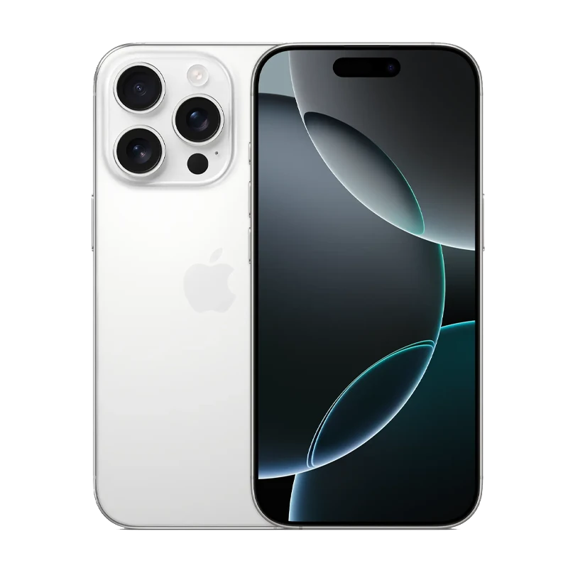 Front and rear side of iPhone 16 Pro and Pro Max in White Titanium business