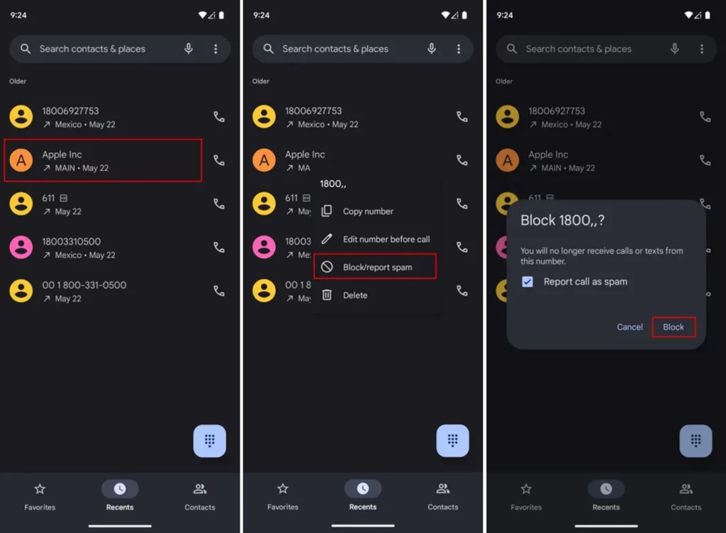 3 step-by-step screenshots showing how to Block Spam Callers on Android OS for mobile