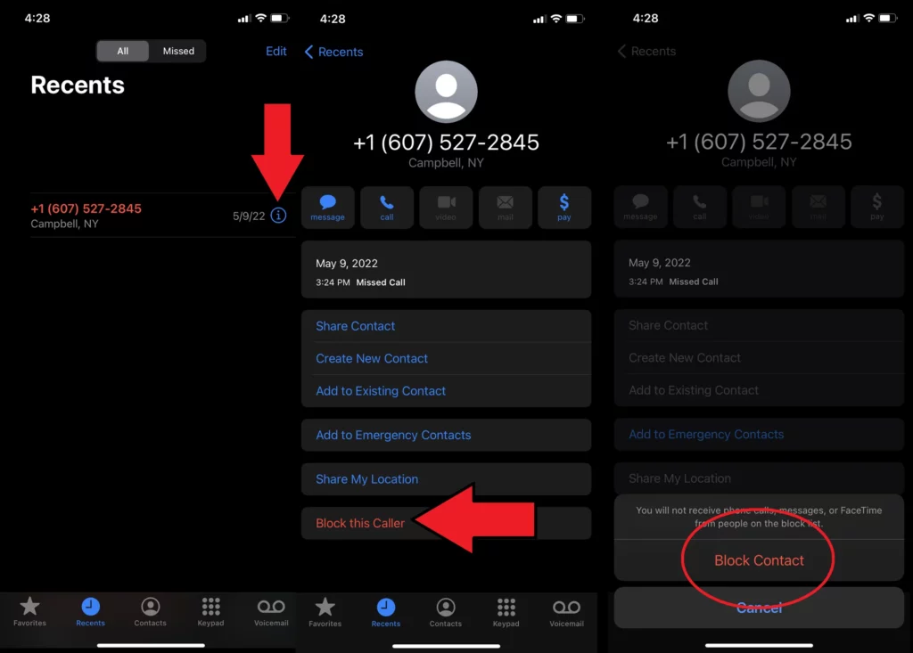 Step by step screenshots showing how to Block Spam and Nuisance Callers on iOS for iPhone