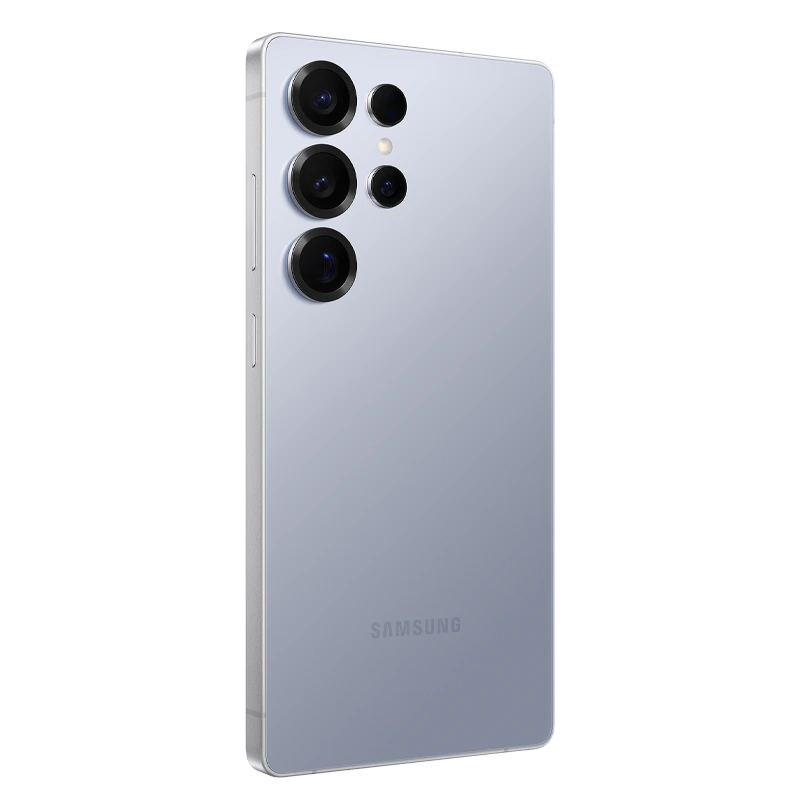 Rear side of Samsung Galaxy S25 Ultra smartphone with 5x camera in Titanium Silverblue
