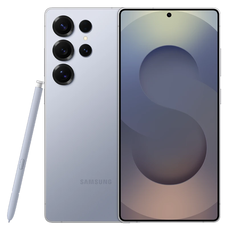 Front & rear side of Samsung Galaxy S25 Ultra smartphone with S-Pen stylus in Titanium Silverblue