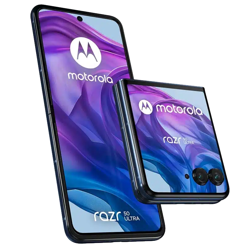 Folded and unfolded Motorola Razr 50 Ultra smartphone for business in Midnight Blue