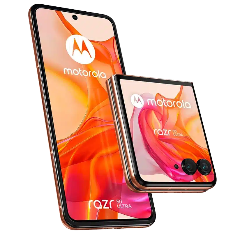 Folded and unfolded Motorola Razr 50 Ultra smartphone for business in Peach Fuzz