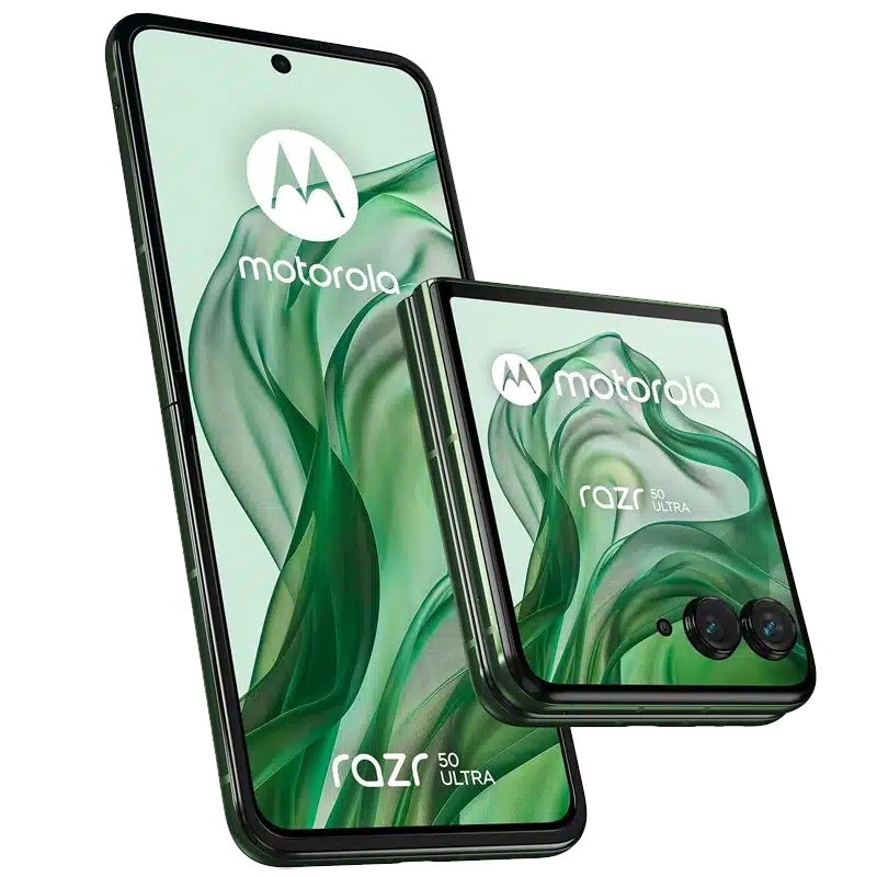 Folded and unfolded Motorola Razr 50 Ultra smartphone for business in Spring Green