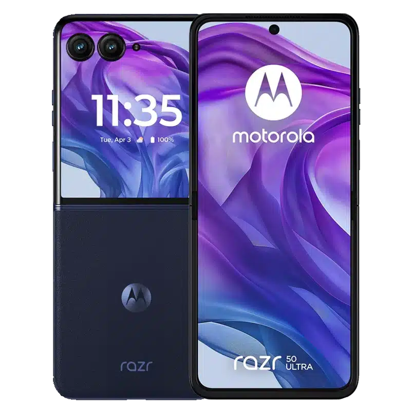 Front & rear side of Motorola Razr 50 Ultra deals for business in Midnight Blue