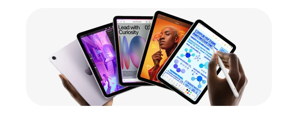 Woman uses row of iPad models for business purposes