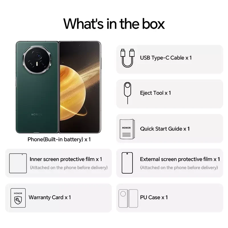 Honor Magic V3 business contract box contents including charger, SIM ejection pin, inner screen protective film, external screen protector film, PU Protective cover
