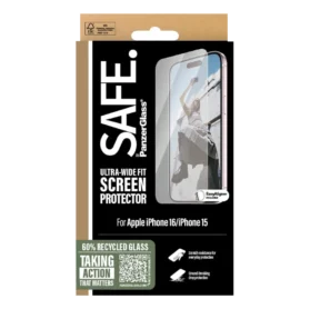 Panzer Glass Safe Ultra-wide fit screen protector packaging for Apple iPhone 16 and iPhone 15
