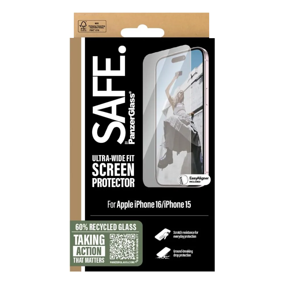 Panzer Glass Safe Ultra-wide fit screen protector packaging for Apple iPhone 16 and iPhone 15