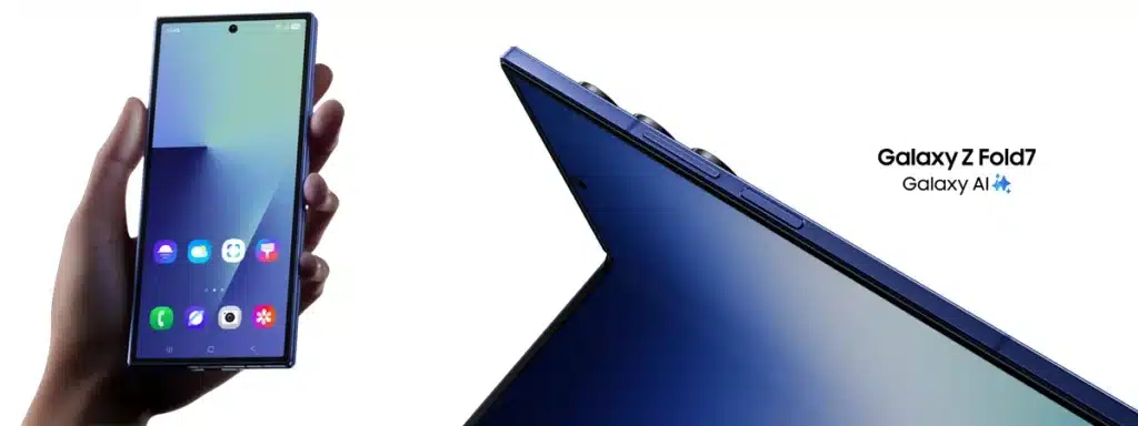 Person holding Samsung Galaxy Z Fold 7 with Galaxy AI, next to enlarged Fold7 half folded