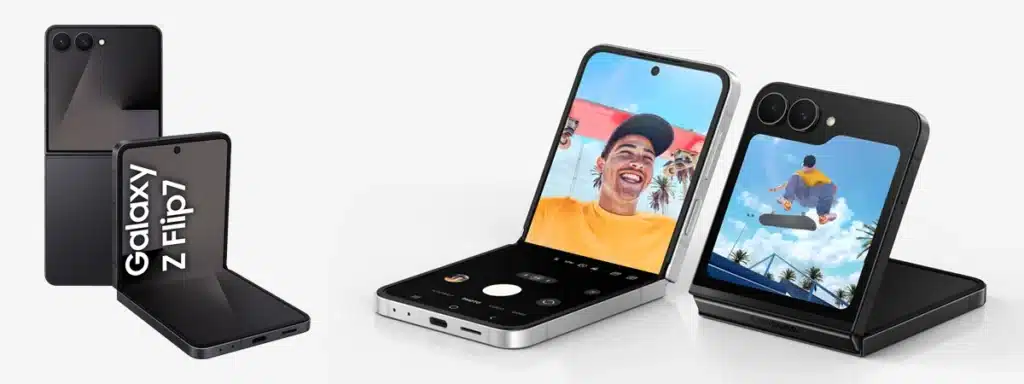 Samsung Galaxy Z Flip7 in black, next to folded Z Flip 7 FE model