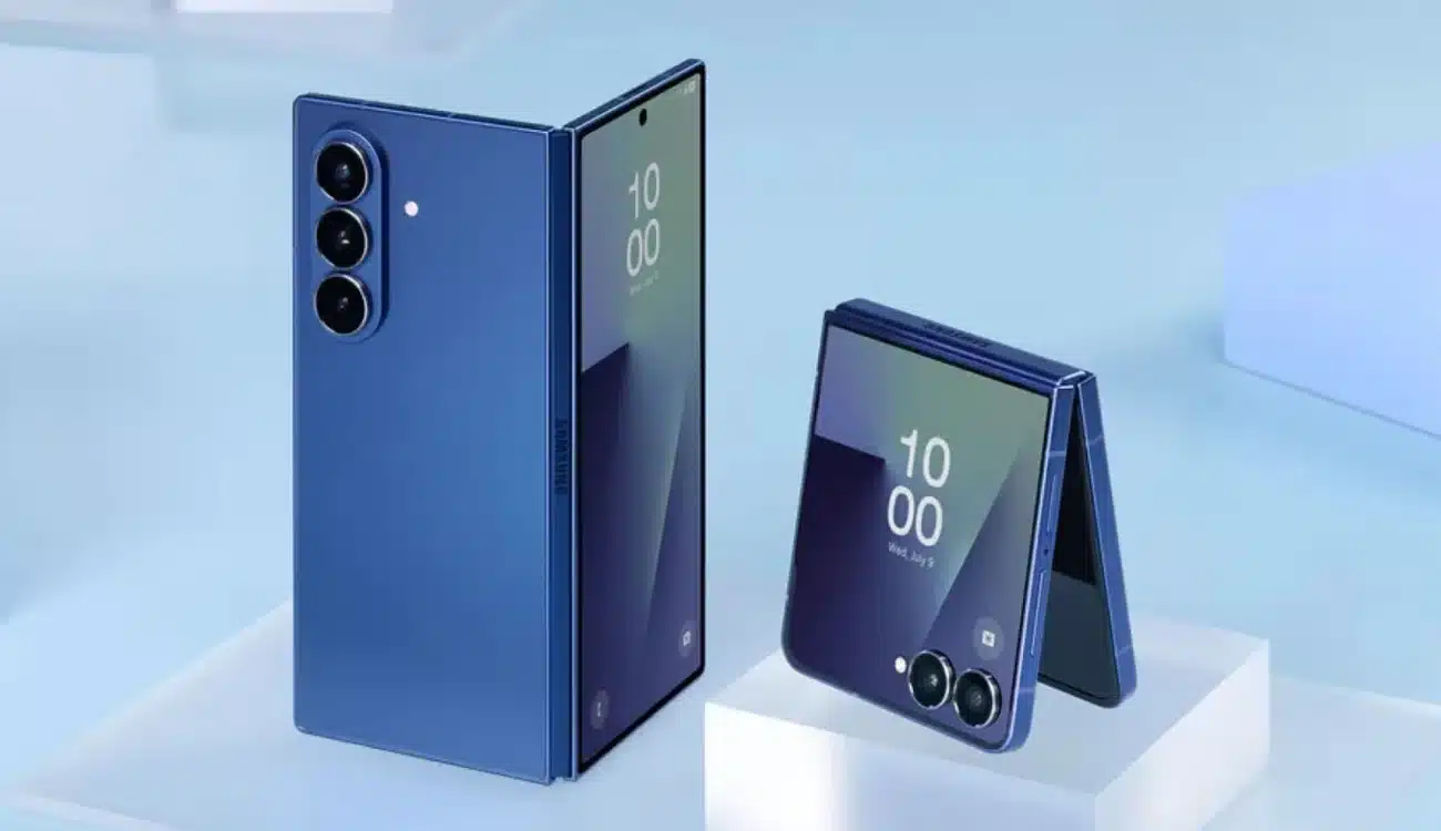 Samsung Galaxy Z Fold 7 standing half folded next to Z Flip 7 folding smartphone release and comparison