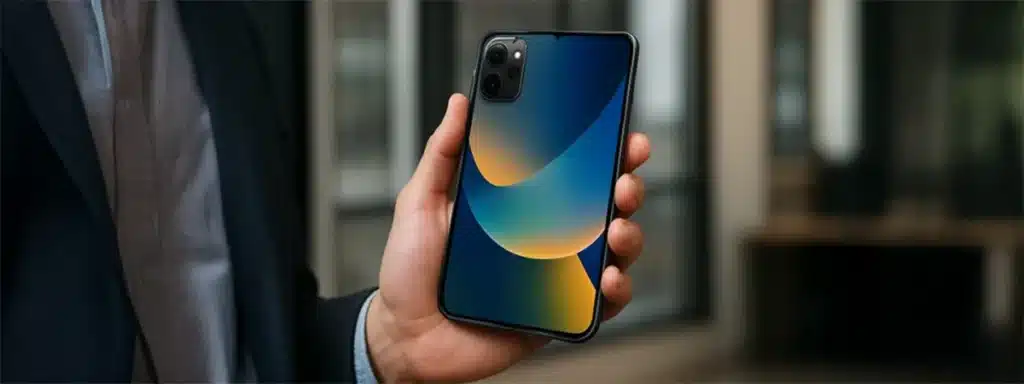 Business employee holds folding Apple iPhone Foldable concept smartphone in the office