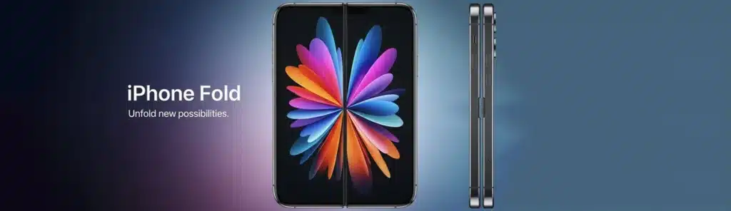iPhone Fold banner - front & side view of foldable Apple iPhone concept design