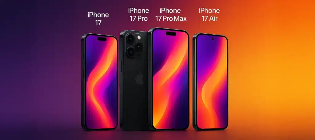 Concept illustration of iPhone 17 range in different sizes and finishes presented together.