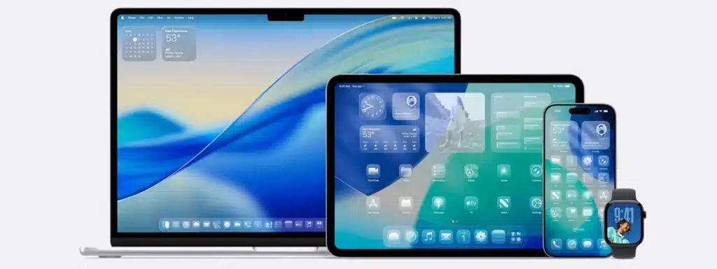 Apple Macbook, iPad, iPhone, and Smart Watch all using new iOS 26 Liquid Glass aesthetic