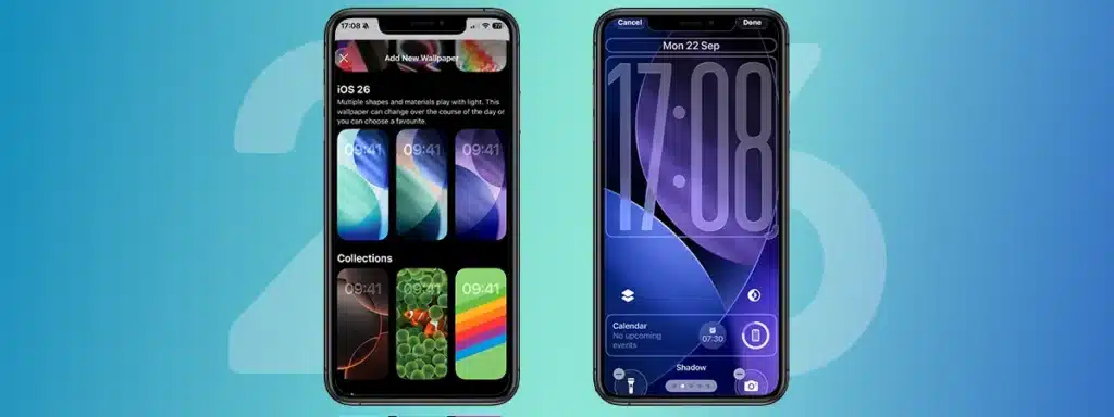iPhone models showcasing new iOS 26 wallpapers and background customisation