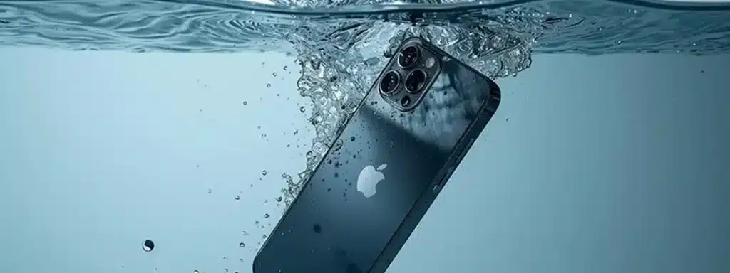 Apple iPhone submerged in water with half of screen broken