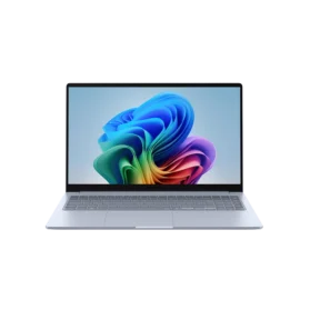 A straight, front-facing view of the open Samsung Galaxy Book 5 Edge 5G laptop, showing the screen with a vibrant, flowing, multi-colored wallpaper and the full keyboard deck.