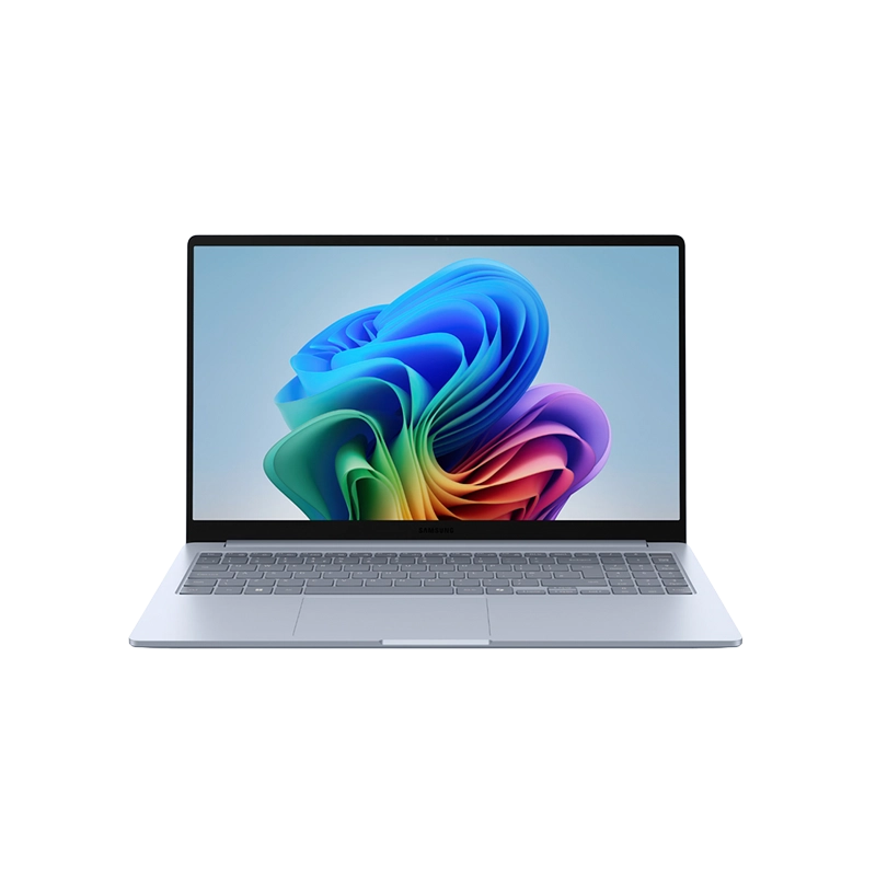 A straight, front-facing view of the open Samsung Galaxy Book 5 Edge 5G laptop, showing the screen with a vibrant, flowing, multi-colored wallpaper and the full keyboard deck.