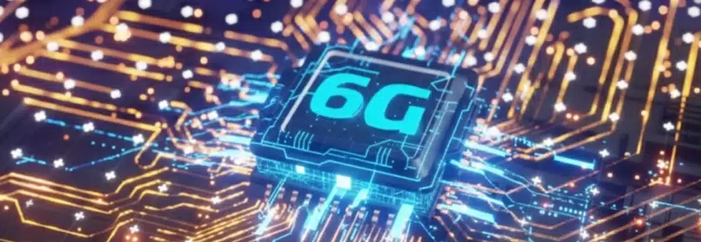 Close-up of a glowing 6G microchip representing the future of high-speed wireless technology