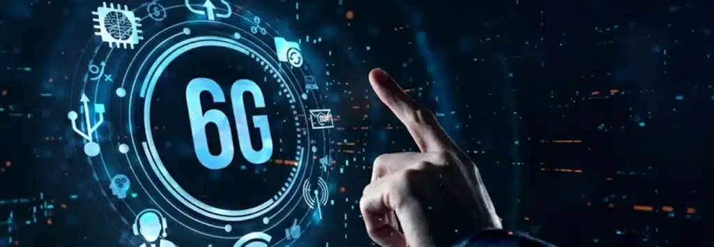 Business man points towards 6G graphic with icons for various smart technology integrations