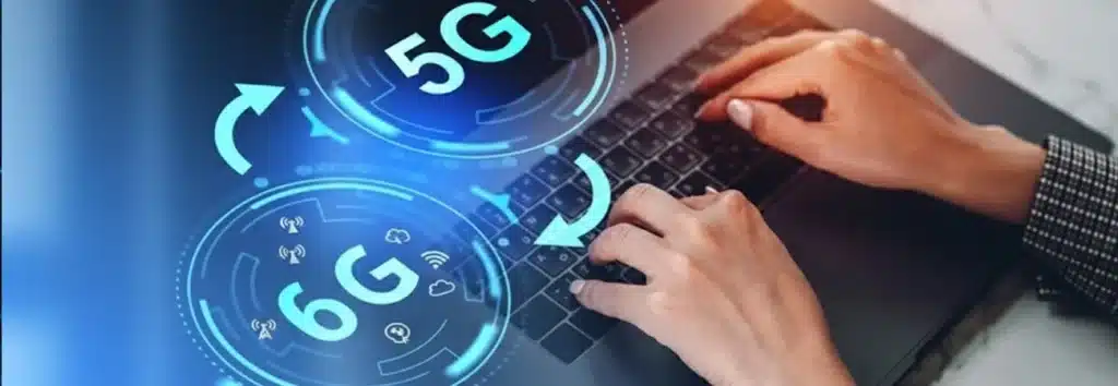 Woman at work swapping between 5G and 6G networks on her laptop