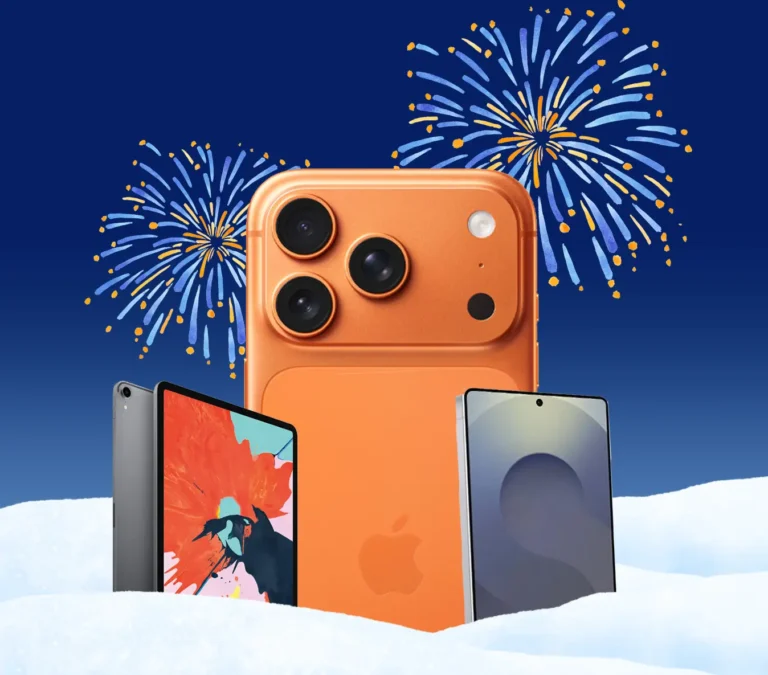 Orange iPhone with fireworks in the background, promoting New Year Business Mobile Deals and SIM-Only & Mobile Phone Contracts for businesses.