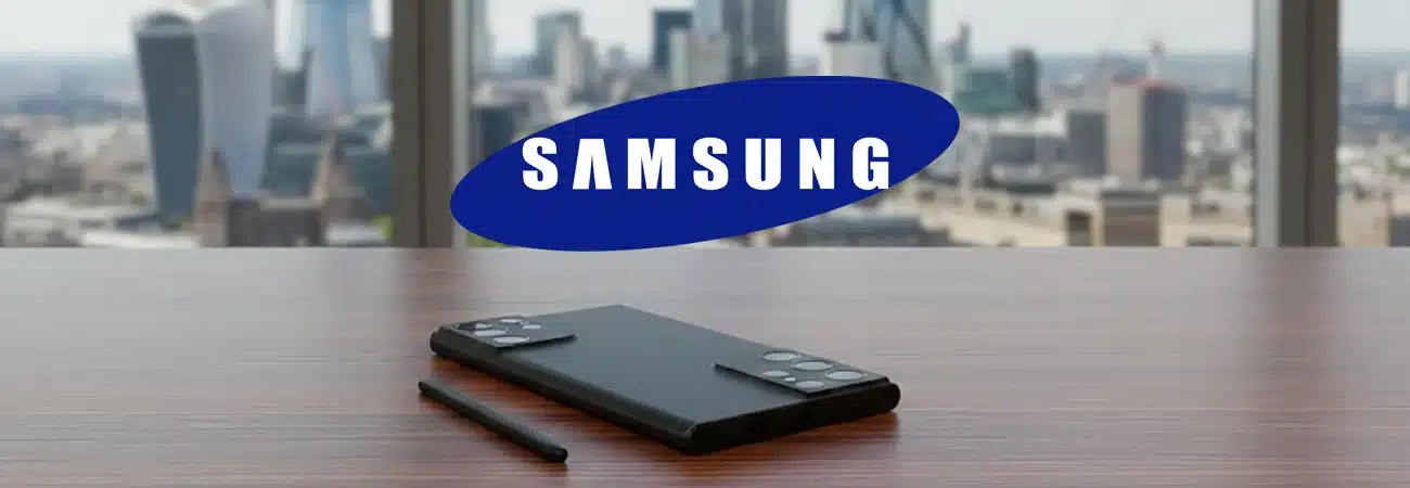 Samsung Galaxy S26 Ultra business smartphone concept with S-Pen and unified camera island on a professional desk overlooking the London skyline.